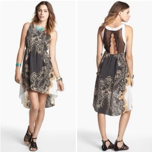 Free People Black and Gold Russian plate Hi-low Dress size medium D18 - Picture 1 of 1